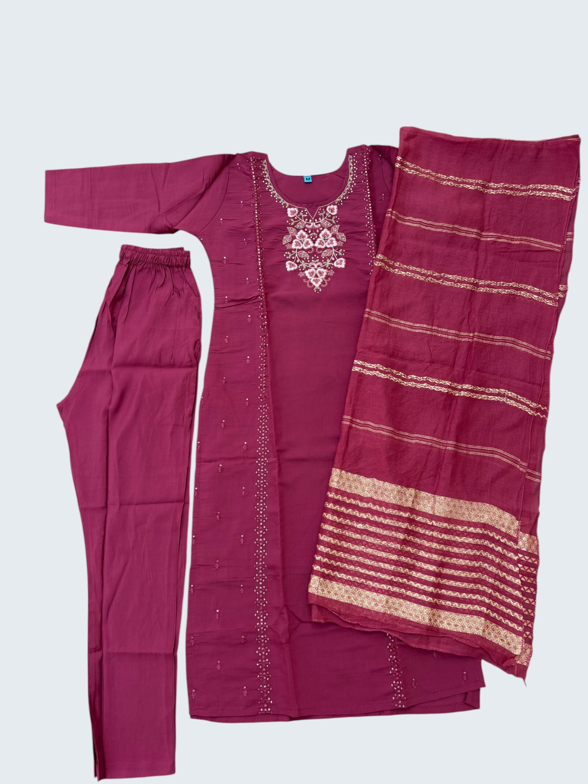 Pink Embroidered Kurta Set with Cotton Trousers and Woven Dupatta - Image 4