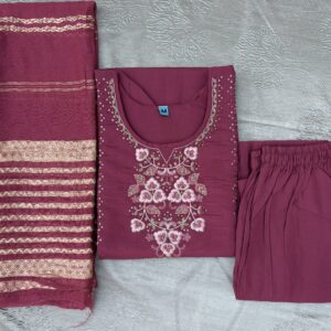 Pink Embroidered Kurta Set with Cotton Trousers and Woven Dupatta