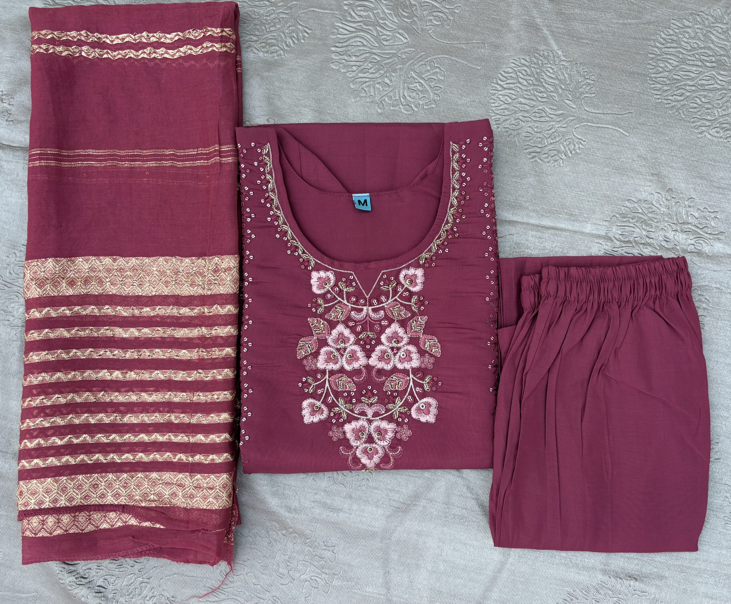 Pink Embroidered Kurta Set with Cotton Trousers and Woven Dupatta