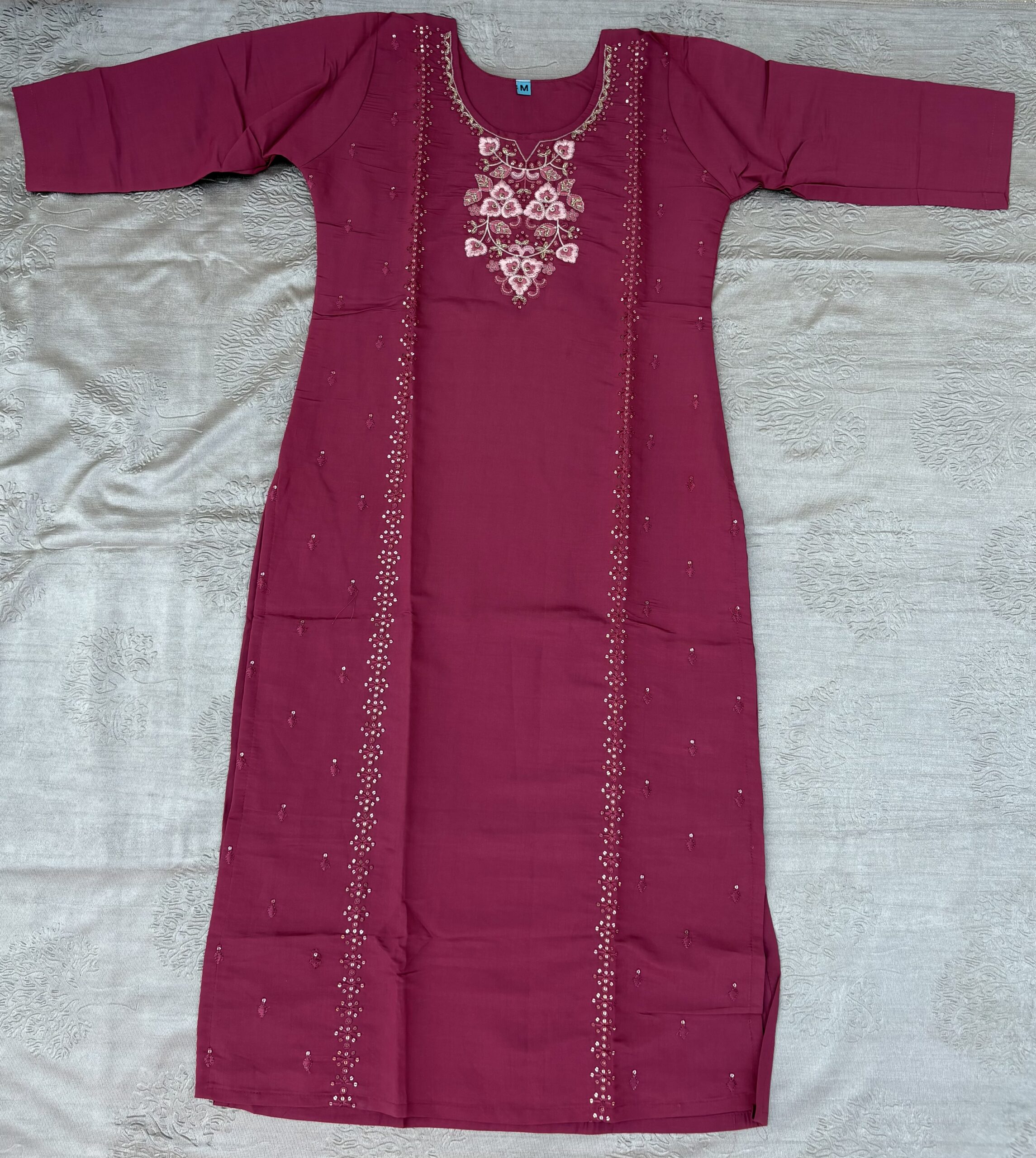 Pink Embroidered Kurta Set with Cotton Trousers and Woven Dupatta - Image 2