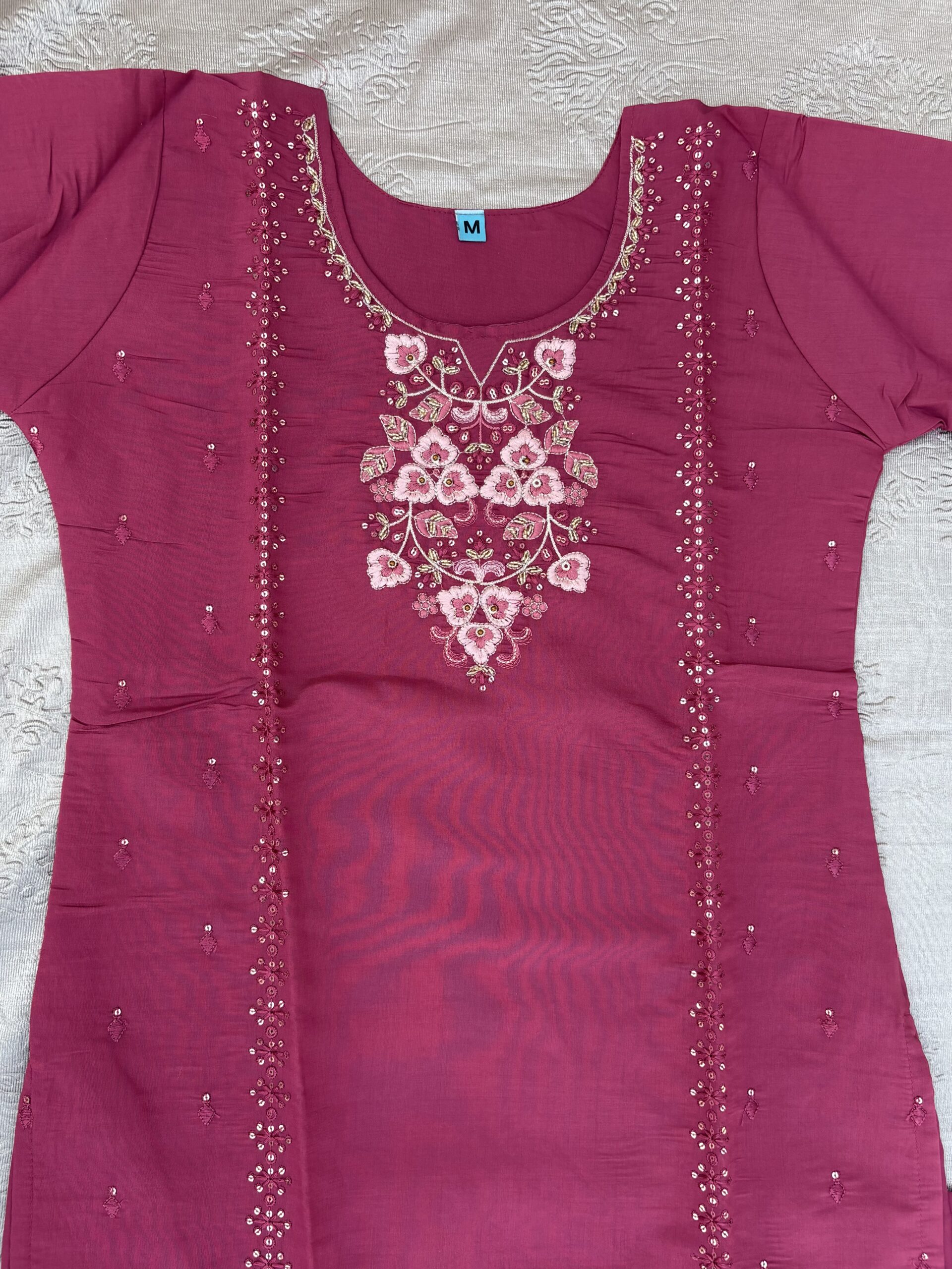 Pink Embroidered Kurta Set with Cotton Trousers and Woven Dupatta - Image 3