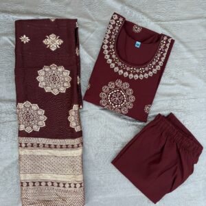 Maroon Embroidered Kurta Set with Trouser & Printed Dupatta