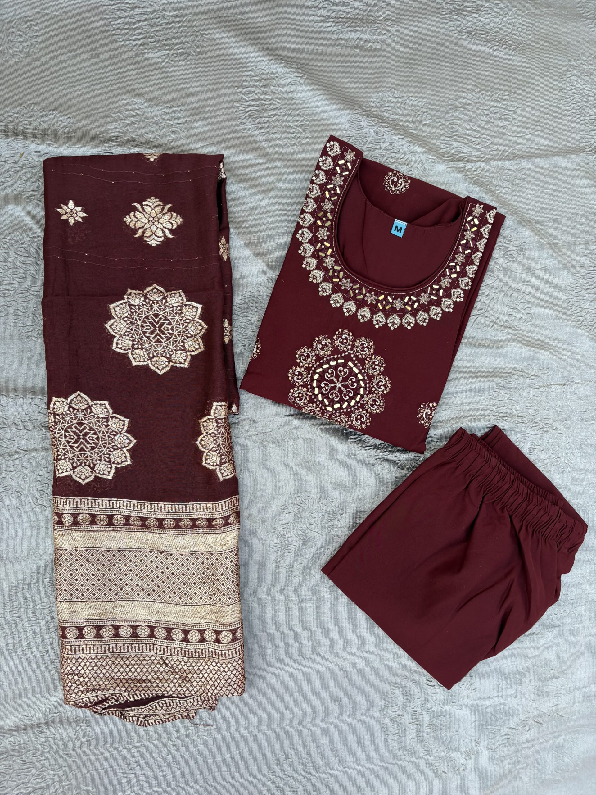 Maroon Embroidered Kurta Set with Trouser & Printed Dupatta