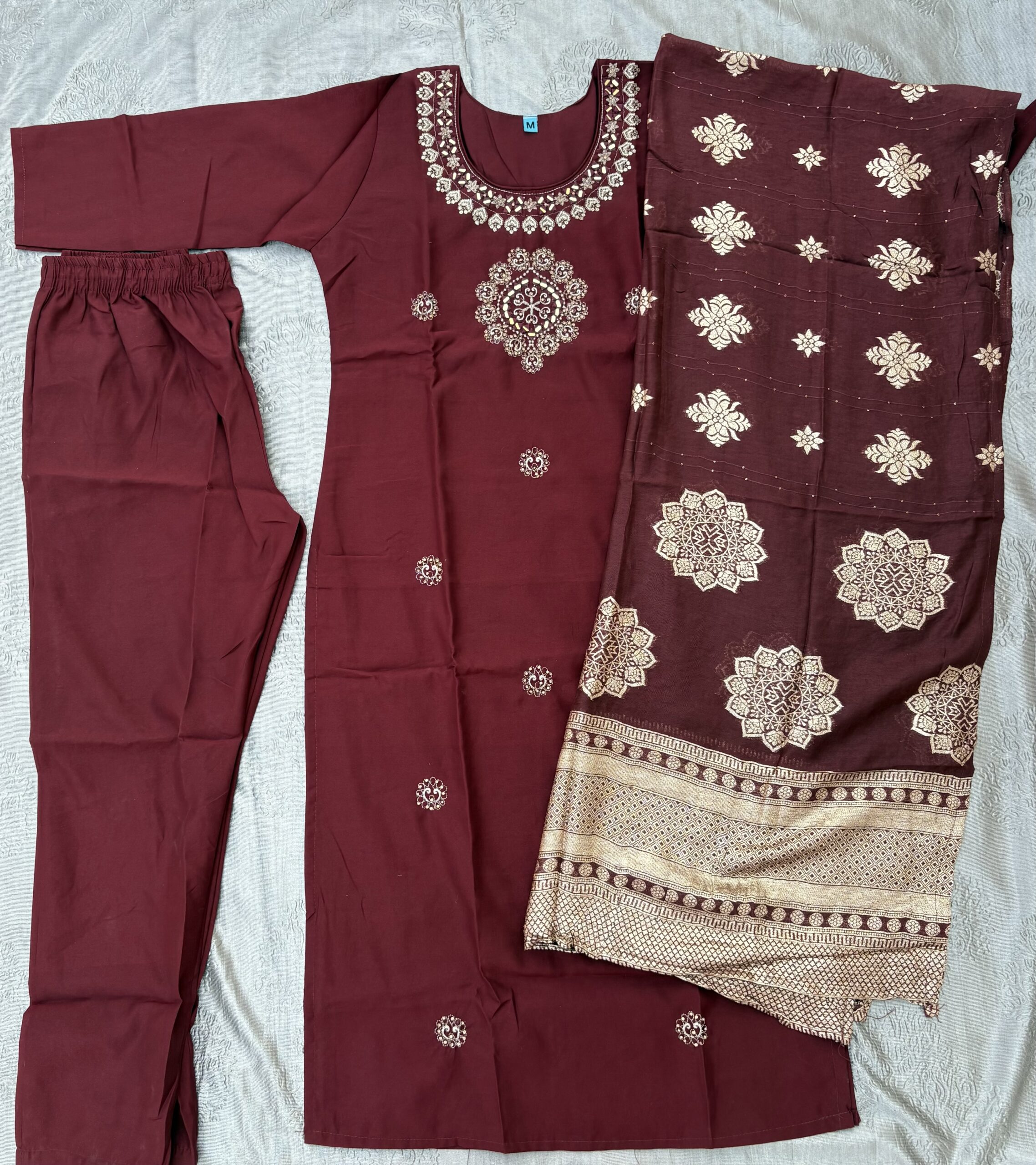 Maroon Embroidered Kurta Set with Trouser & Printed Dupatta - Image 2