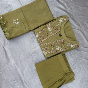 Olive Green Embroidered Kurta Set with Trouser & Dupatta