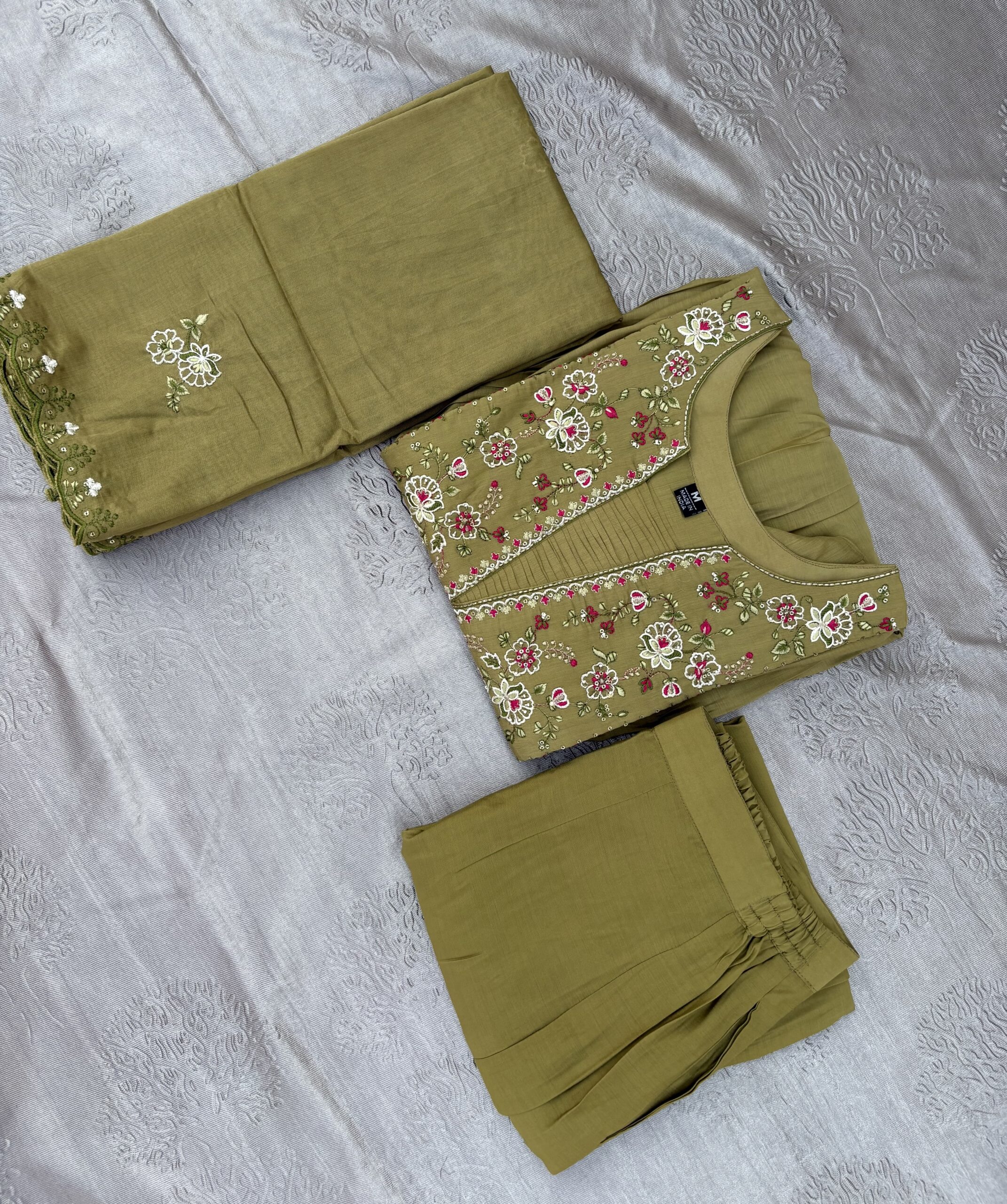 Olive Green Embroidered Kurta Set with Trouser & Dupatta