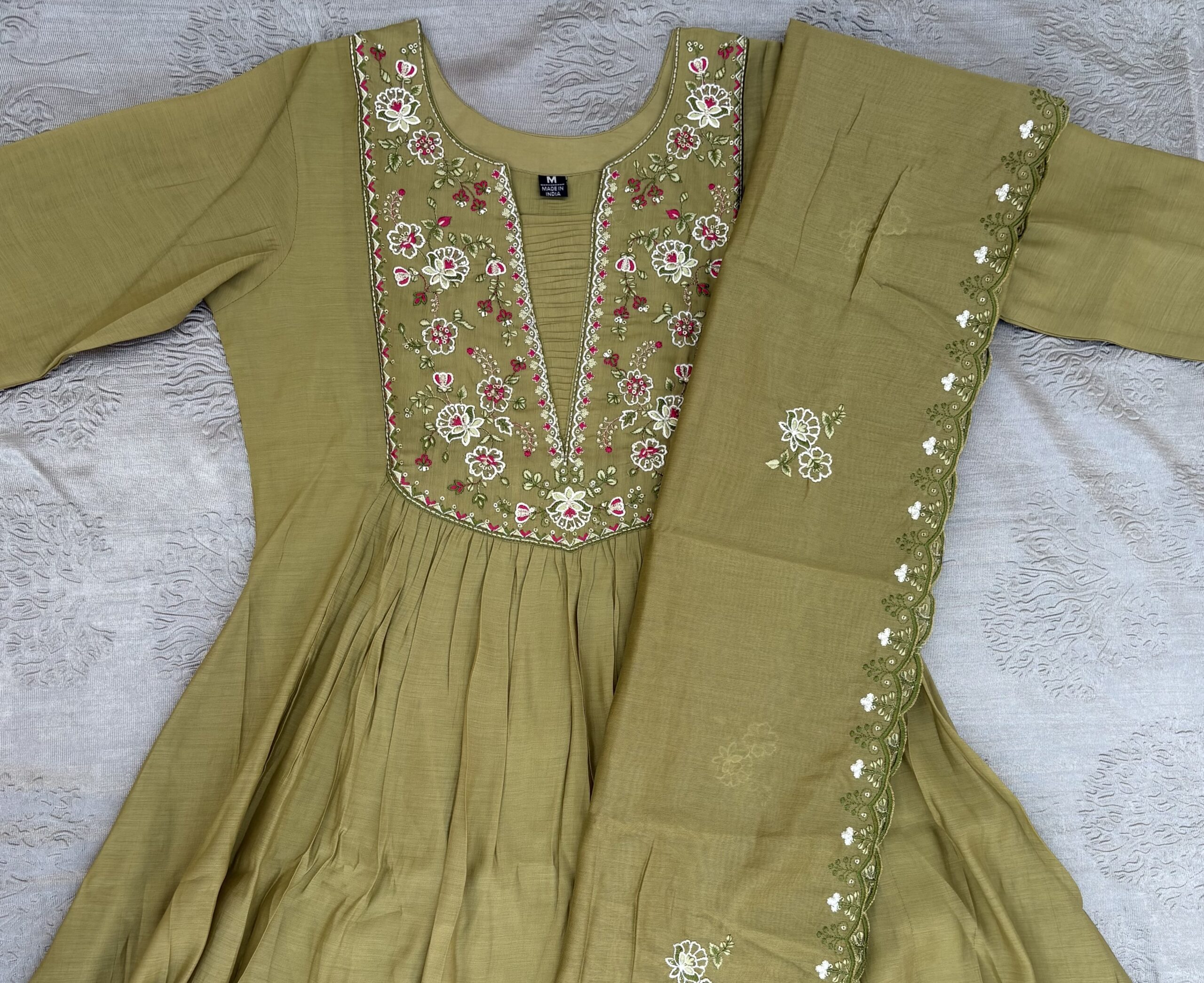 Olive Green Embroidered Kurta Set with Trouser & Dupatta - Image 3