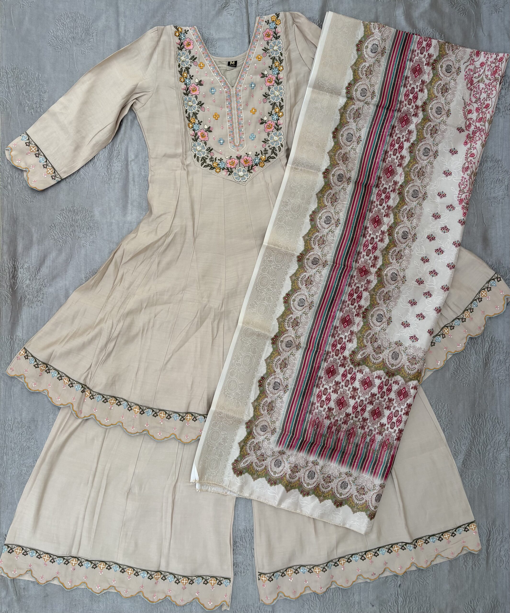 Beige Floral Printed Sharara with Printed Dupatta - Image 2