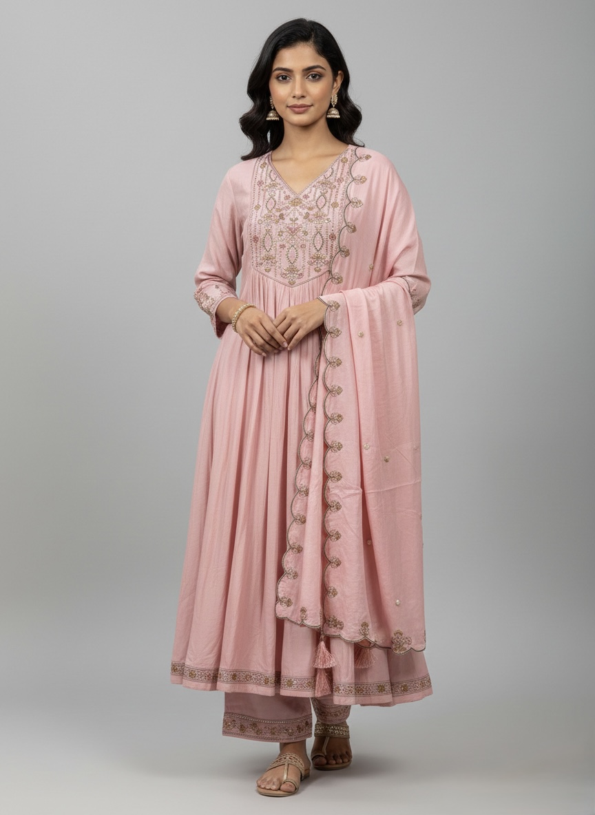 Blush Pink Embroidered Kurta Set for Women with Dupatta - Image 4