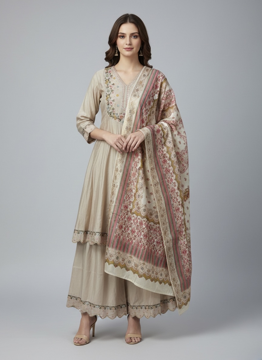 Beige Floral Printed Sharara with Printed Dupatta - Image 4