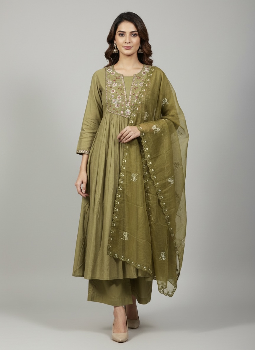 Olive Green Embroidered Kurta Set with Trouser & Dupatta - Image 6