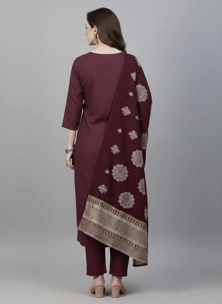 Maroon Embroidered Kurta Set with Trouser & Printed Dupatta - Image 4