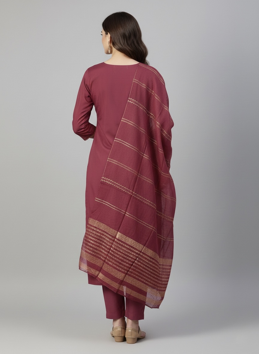 Pink Embroidered Kurta Set with Cotton Trousers and Woven Dupatta - Image 6