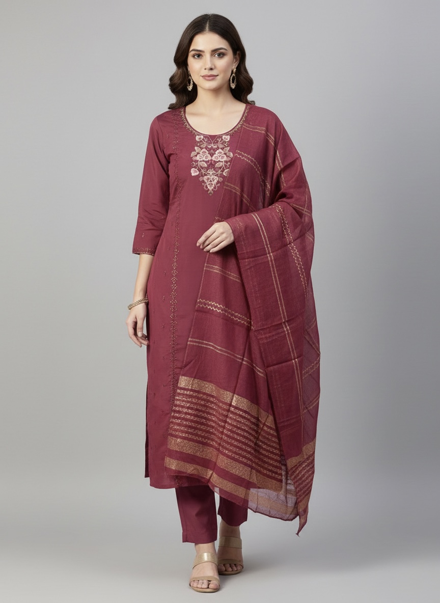 Pink Embroidered Kurta Set with Cotton Trousers and Woven Dupatta - Image 5