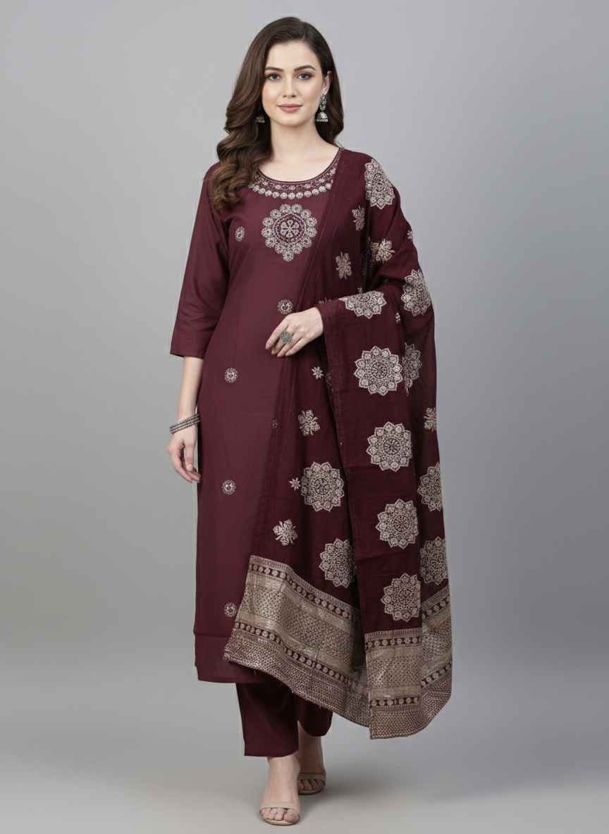 Maroon Embroidered Kurta Set with Trouser & Printed Dupatta - Image 3