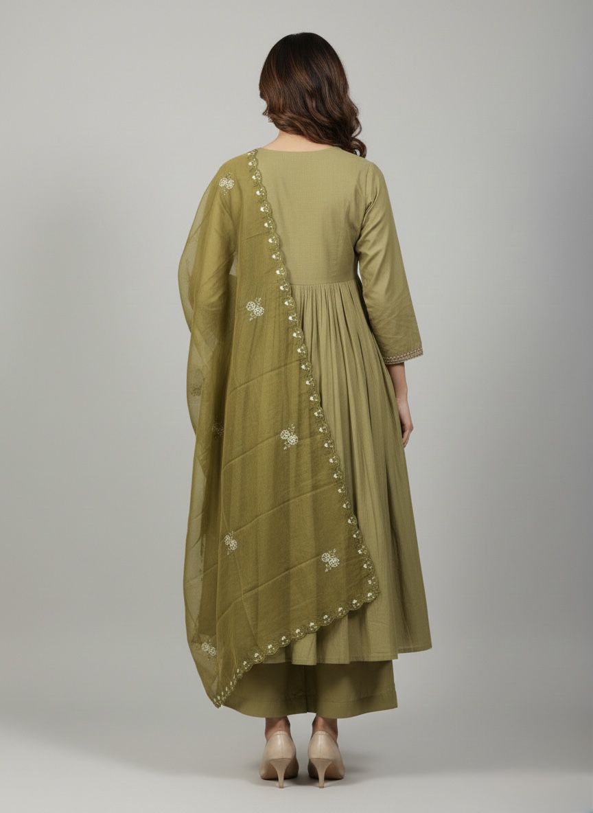 Olive Green Embroidered Kurta Set with Trouser & Dupatta - Image 5