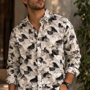 Beige & Black Floral Printed Cotton Shirt