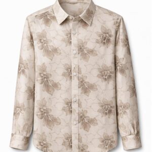 Beige floral printed cotton shirt for men with full sleeves and classic collar by Versora.