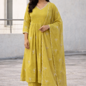 Mustard Yellow Embroidered 3-Piece Anarkali Set