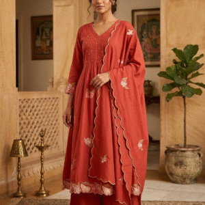 Rust Red Embroidered Mul Cotton Anarkali